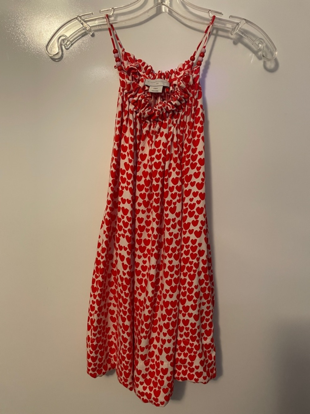 Stella McCartney Kids Heart Print Dress SZ 5Y Red White Smocked Ruffle Designer